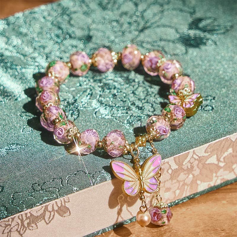 Butterflies Charm Flower Liuli Glass Beaded Bracelet