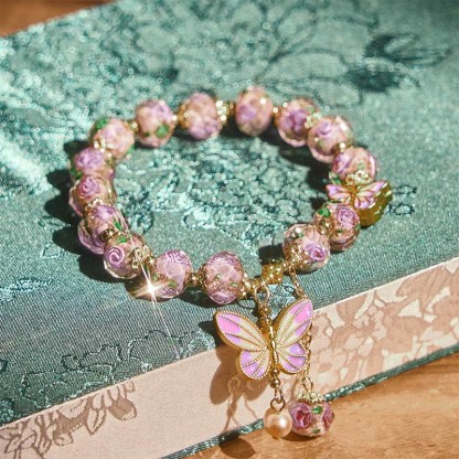 Butterflies Charm Flower Liuli Glass Beaded Bracelet