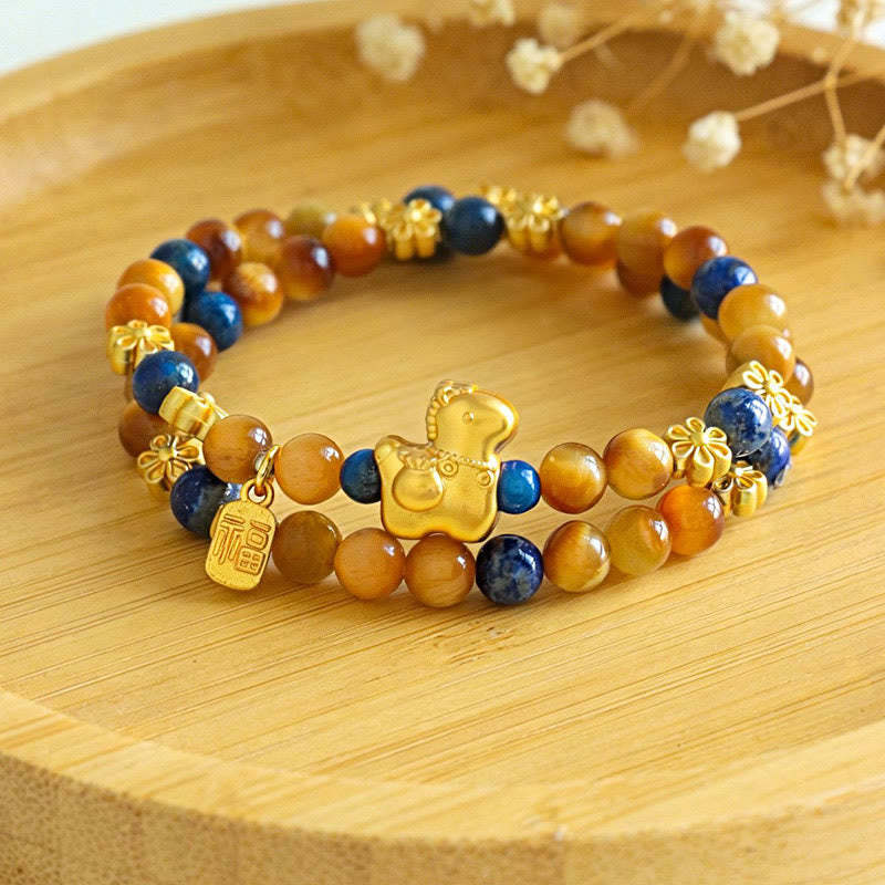 Year Of The Horse Fu Character Lazurite Tiger Eye Serenity Double Wrap Bracelet
