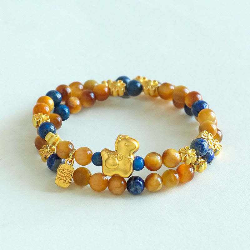 Year Of The Horse Fu Character Lazurite Tiger Eye Serenity Double Wrap Bracelet