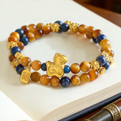 Year Of The Horse Fu Character Lazurite Tiger Eye Serenity Double Wrap Bracelet