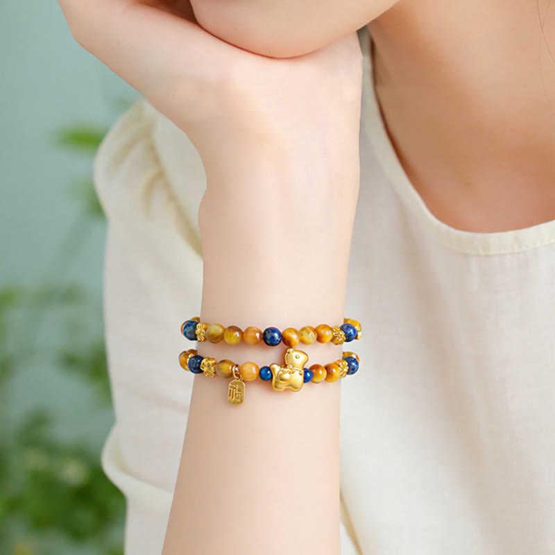 Year Of The Horse Fu Character Lazurite Tiger Eye Serenity Double Wrap Bracelet