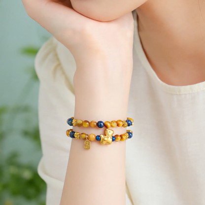 Year Of The Horse Fu Character Lazurite Tiger Eye Serenity Double Wrap Bracelet