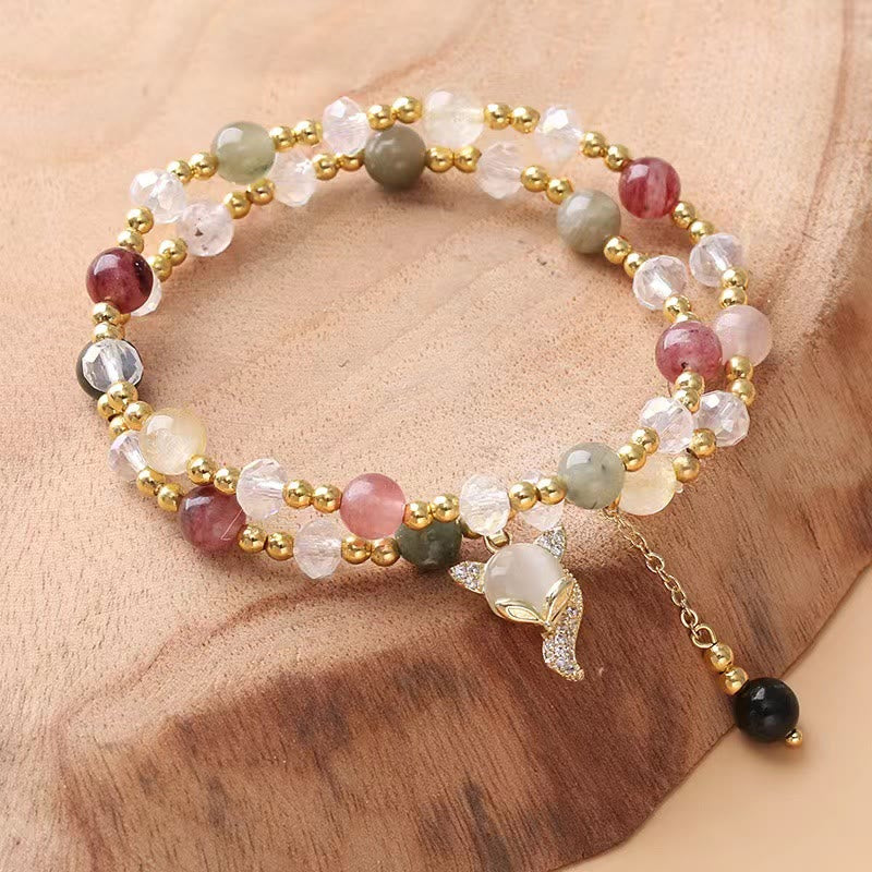 Multicolored Rutilated Quartz Fox Protection Double Wrap Bracelet
