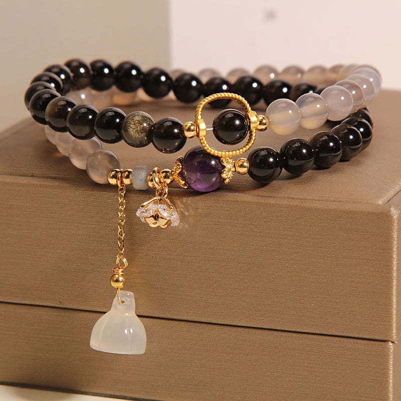 Gold Sheen Obsidian Gray Agate Lotus Charm Strengthen Double Wrap Bracelet
