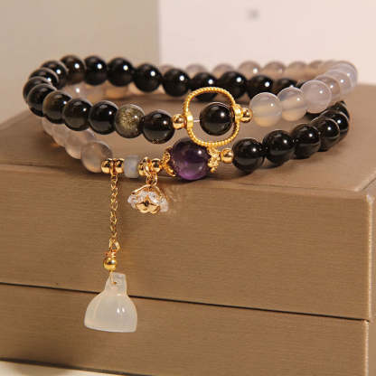 Gold Sheen Obsidian Gray Agate Lotus Charm Strengthen Double Wrap Bracelet