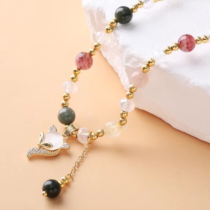 Multicolored Rutilated Quartz Fox Protection Double Wrap Bracelet