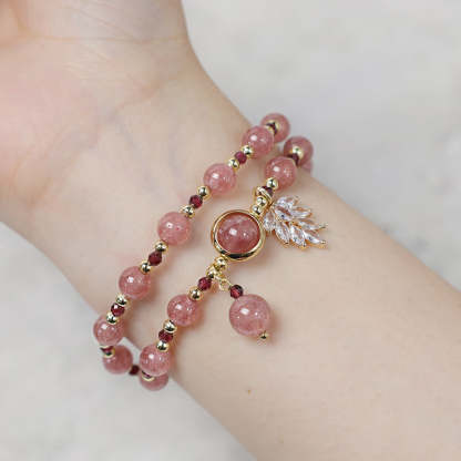 Natural Strawberry Quartz Love Healing Maple Leaf Charm Double Wrap Bracelet