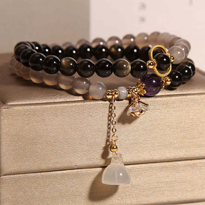 Gold Sheen Obsidian Gray Agate Lotus Charm Strengthen Double Wrap Bracelet