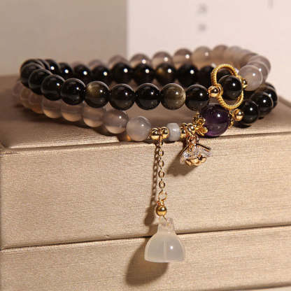Gold Sheen Obsidian Gray Agate Lotus Charm Strengthen Double Wrap Bracelet