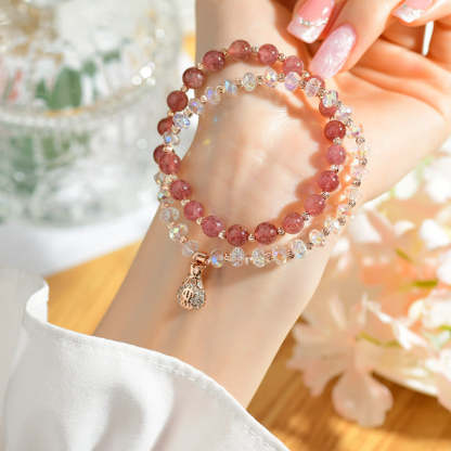 Strawberry Quartz White Crystal Money Bag Charm Positive Bracelet