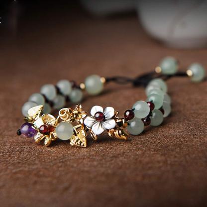Green Aventurine Garnet Bead Flower Petal Luck Bracelet