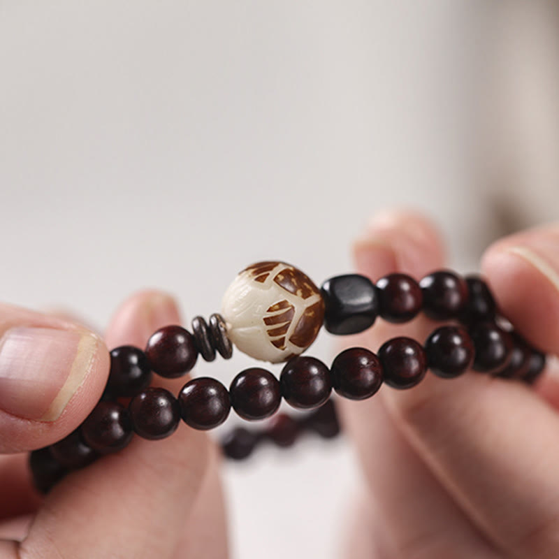 Small Leaf Red Sandalwood Lotus Bodhi Seed Carved Protection Double Wrap Bracelet