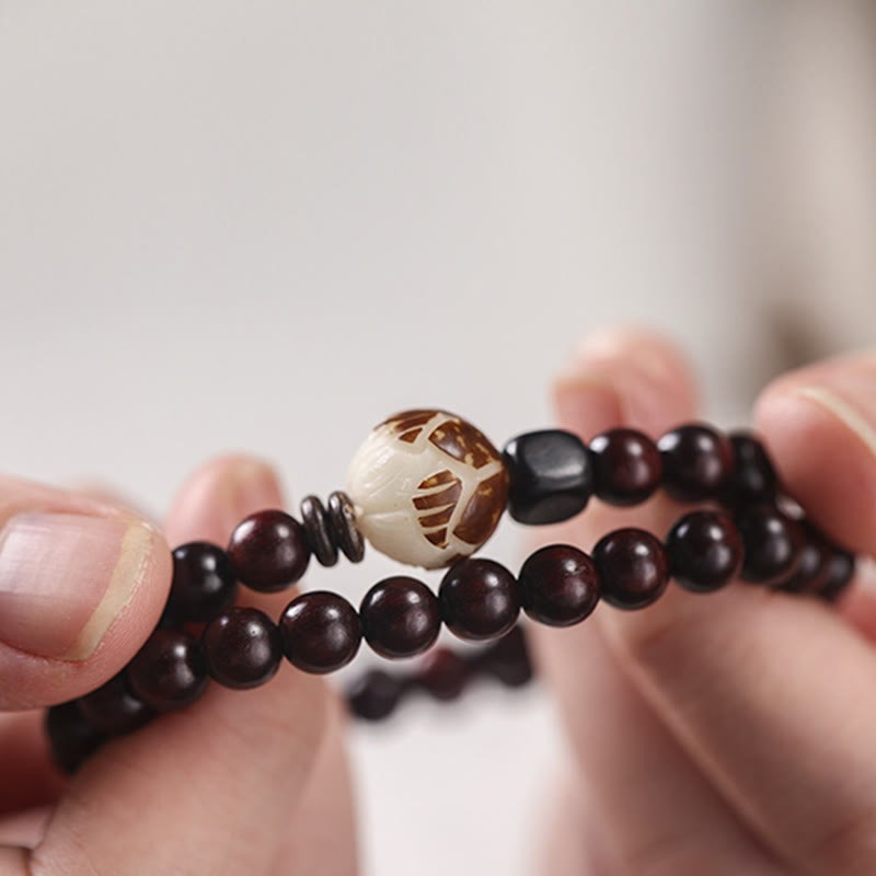 Small Leaf Red Sandalwood Lotus Bodhi Seed Carved Protection Double Wrap Bracelet