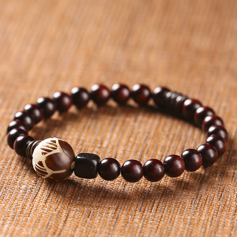 Small Leaf Red Sandalwood Lotus Bodhi Seed Carved Protection Double Wrap Bracelet