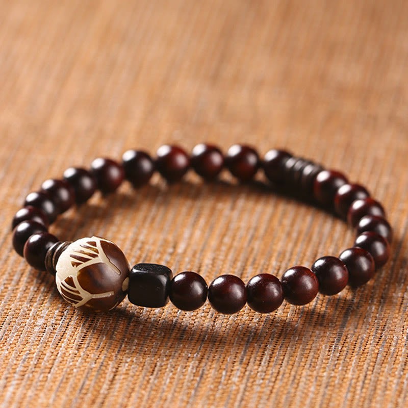 Small Leaf Red Sandalwood Lotus Bodhi Seed Carved Protection Double Wrap Bracelet