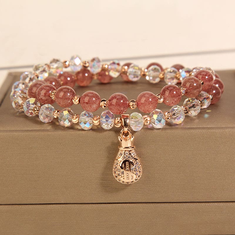 Strawberry Quartz White Crystal Money Bag Charm Positive Bracelet