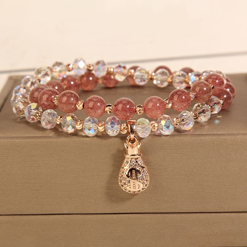 Strawberry Quartz White Crystal Money Bag Charm Positive Bracelet