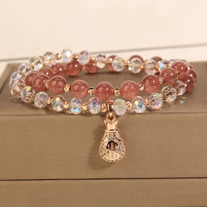 Strawberry Quartz White Crystal Money Bag Charm Positive Bracelet