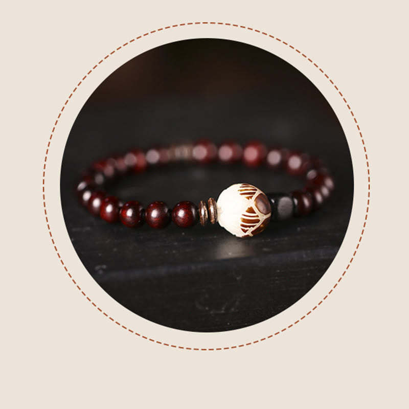 Small Leaf Red Sandalwood Lotus Bodhi Seed Carved Protection Double Wrap Bracelet