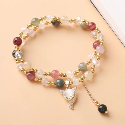 Multicolored Rutilated Quartz Fox Protection Double Wrap Bracelet