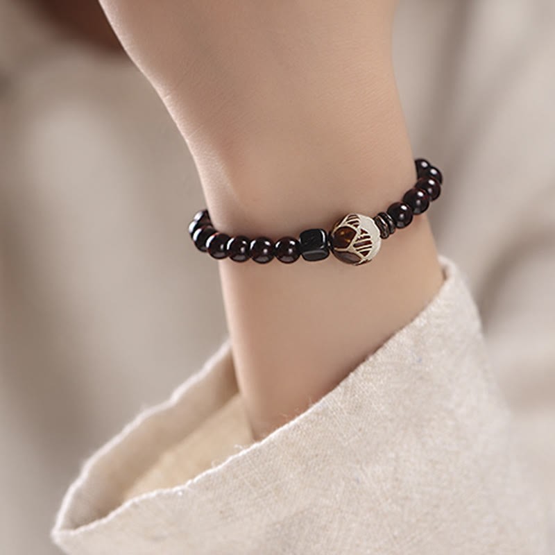 Small Leaf Red Sandalwood Lotus Bodhi Seed Carved Protection Double Wrap Bracelet