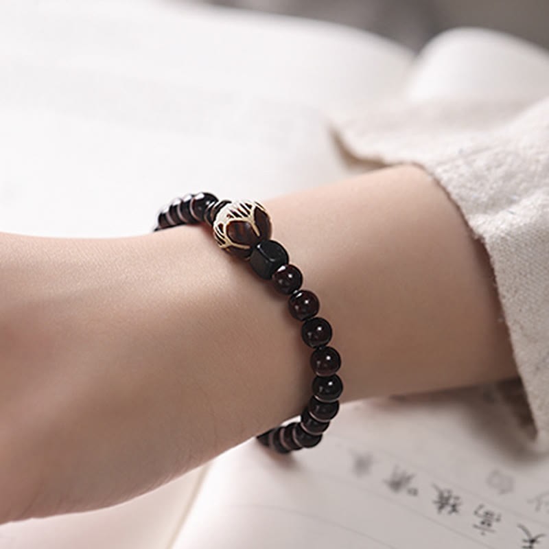 Small Leaf Red Sandalwood Lotus Bodhi Seed Carved Protection Double Wrap Bracelet