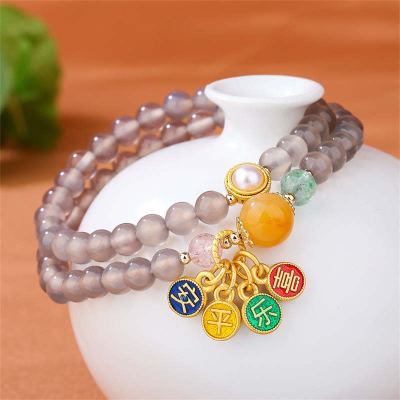 Natural Gray Agate Peace And Joy Charm Balance Double Wrap Bracelet