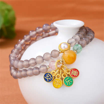 Natural Gray Agate Peace And Joy Charm Balance Double Wrap Bracelet