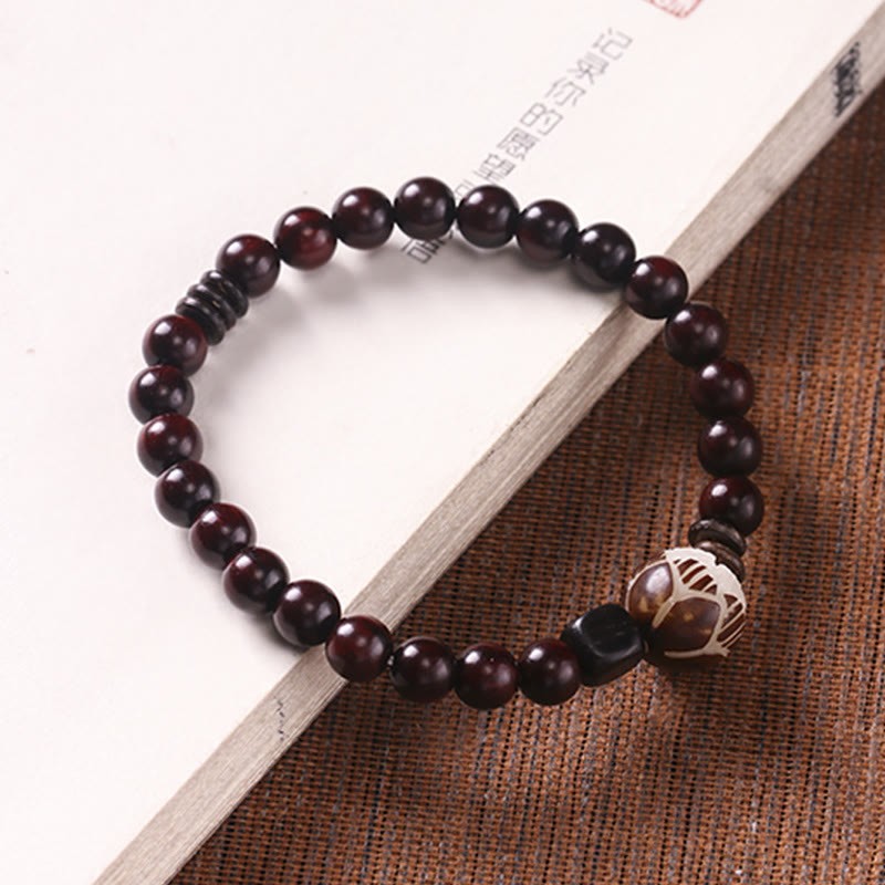 Small Leaf Red Sandalwood Lotus Bodhi Seed Carved Protection Double Wrap Bracelet