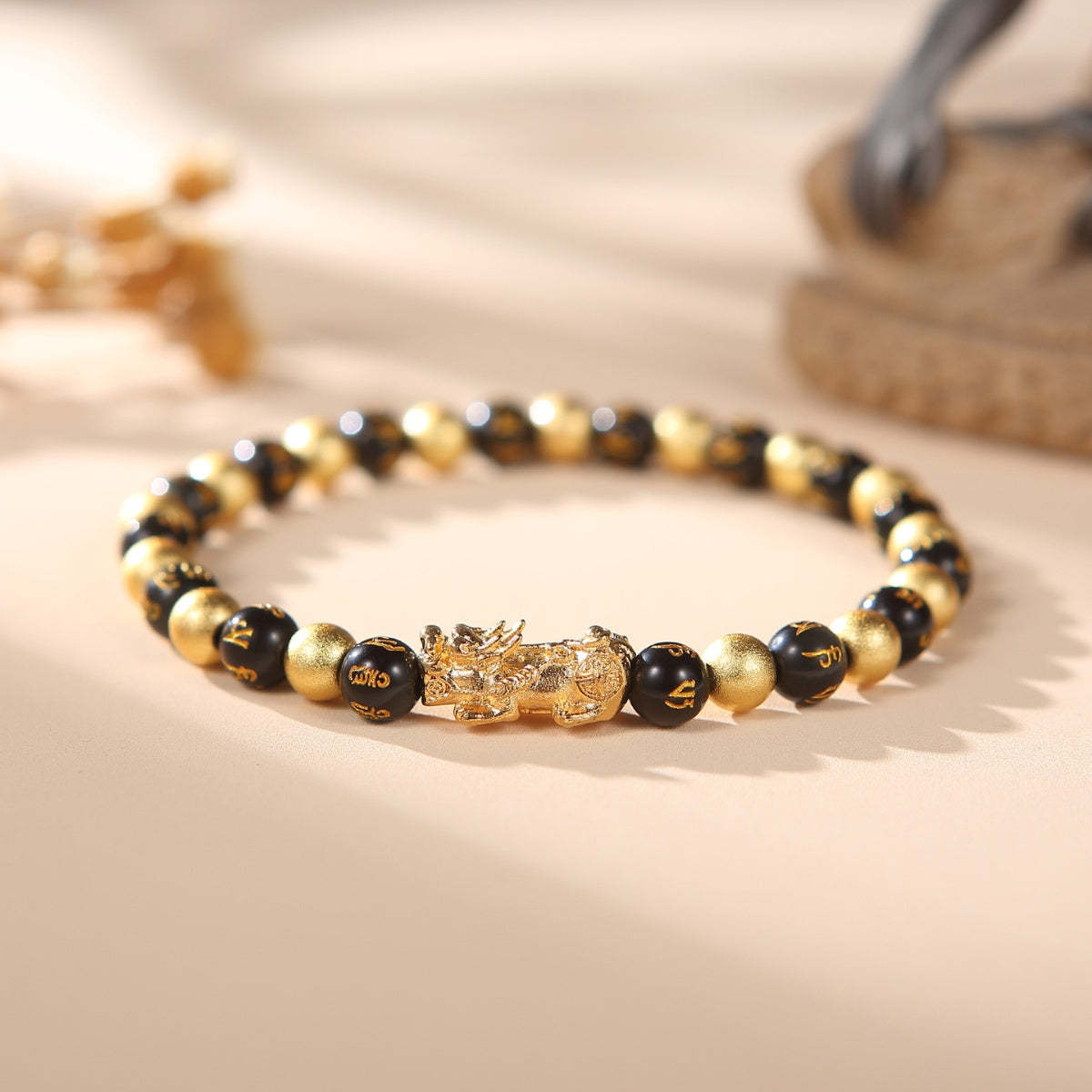 Black and Gold Feng Shui Beads Pixiu Charm