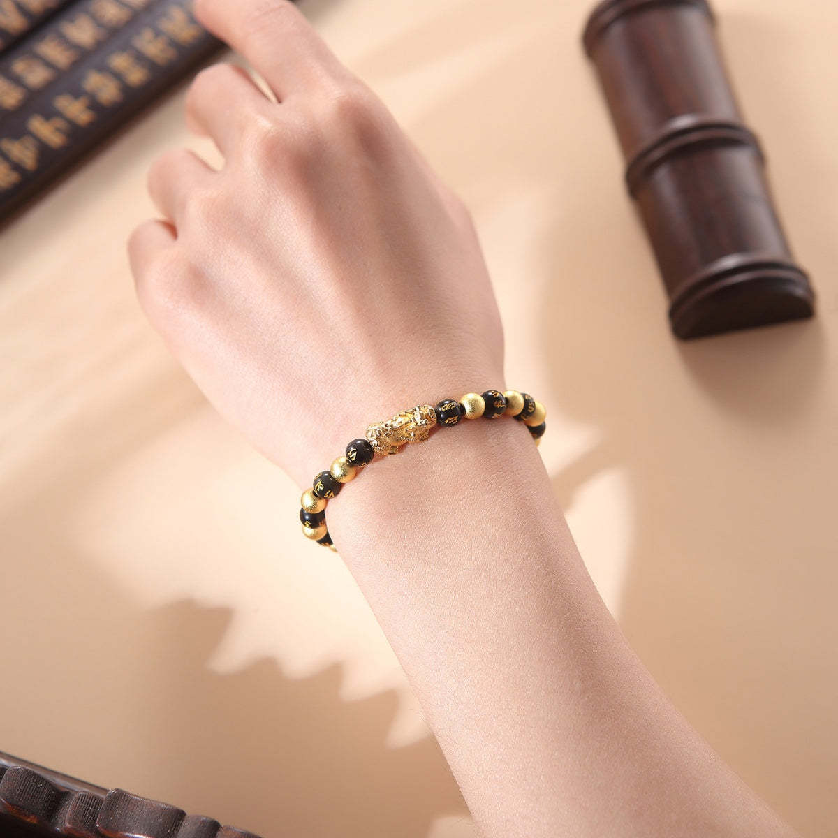 Black and Gold Feng Shui Beads Pixiu Charm