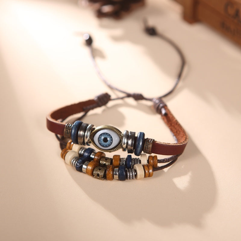 Evil Eye Leather Bracelet for Protection