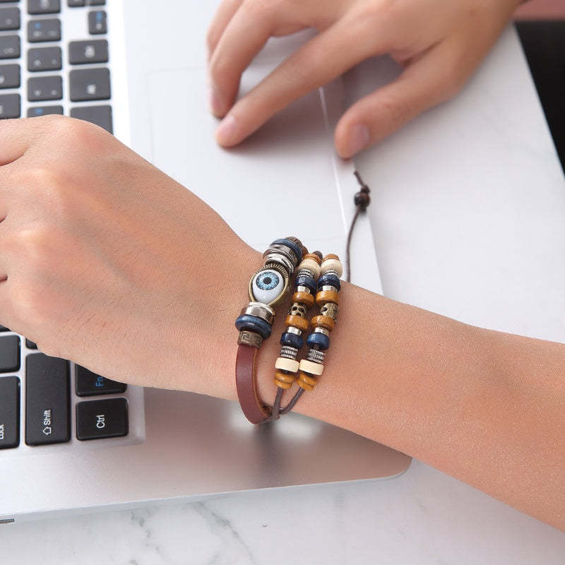 Evil Eye Leather Bracelet for Protection