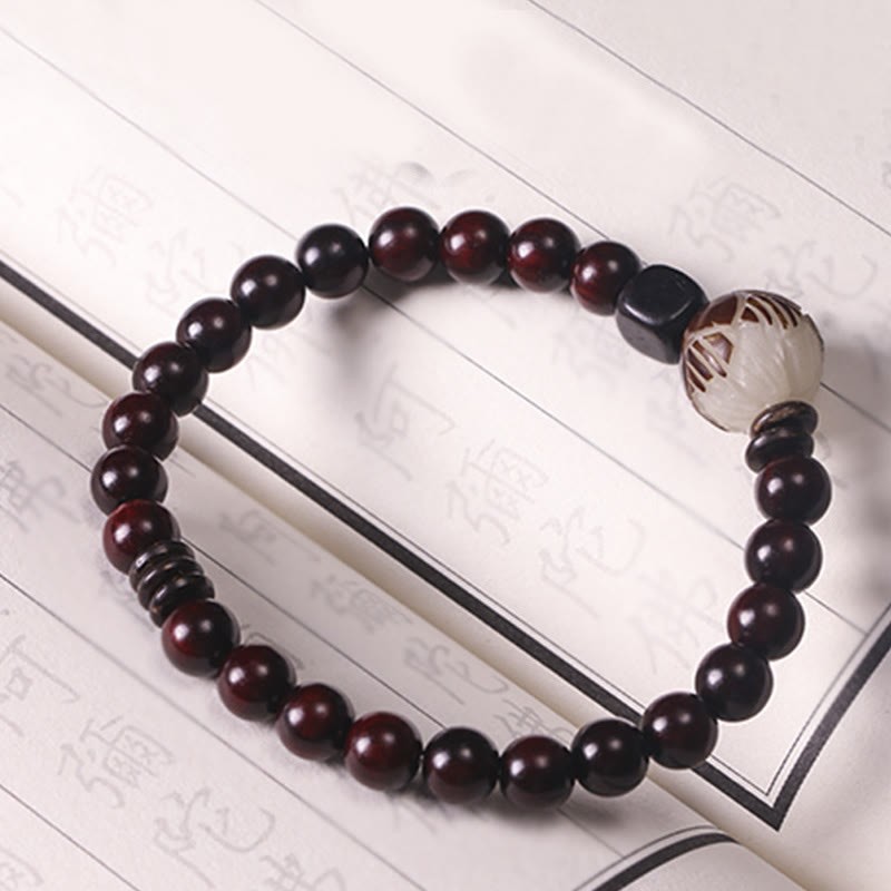 Small Leaf Red Sandalwood Lotus Bodhi Seed Carved Protection Double Wrap Bracelet
