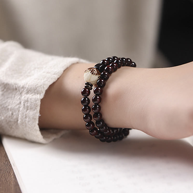 Small Leaf Red Sandalwood Lotus Bodhi Seed Carved Protection Double Wrap Bracelet