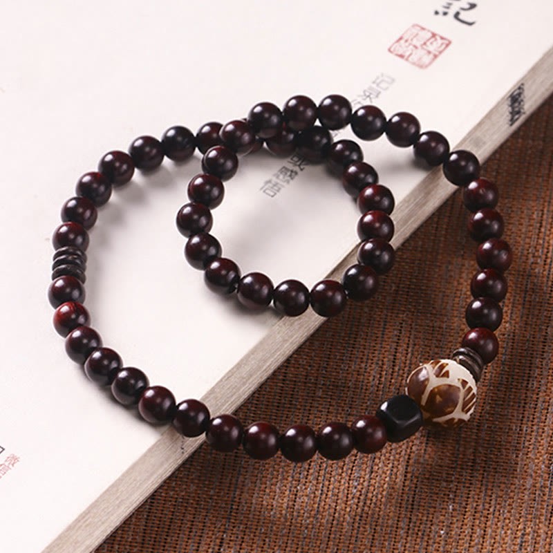 Small Leaf Red Sandalwood Lotus Bodhi Seed Carved Protection Double Wrap Bracelet