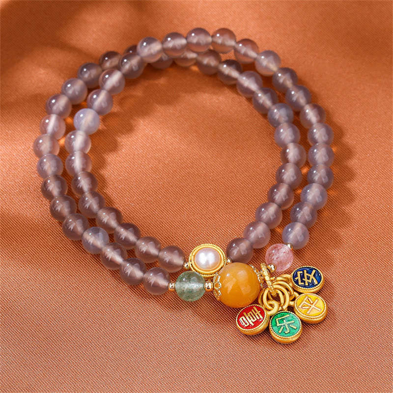 Natural Gray Agate Peace And Joy Charm Balance Double Wrap Bracelet