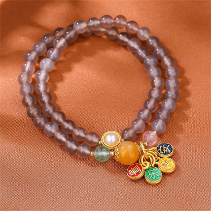 Natural Gray Agate Peace And Joy Charm Balance Double Wrap Bracelet