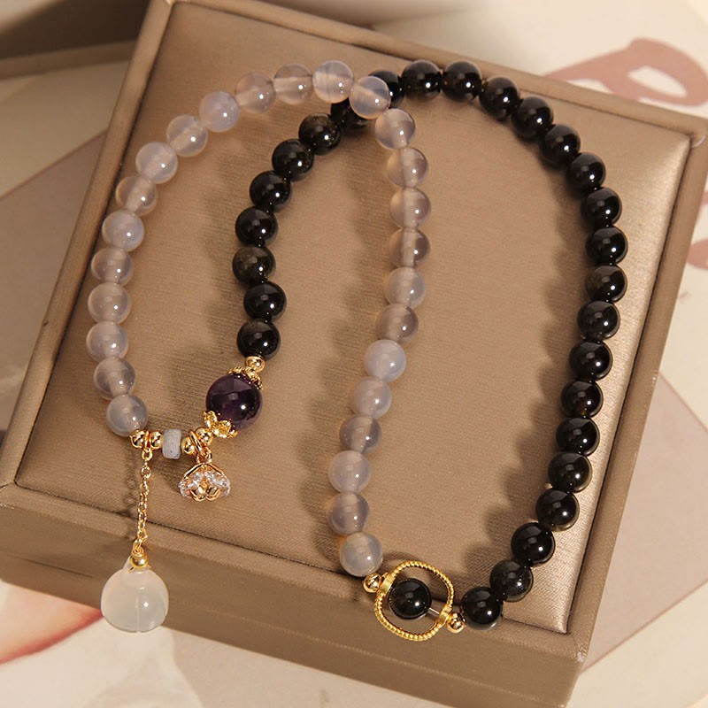 Gold Sheen Obsidian Gray Agate Lotus Charm Strengthen Double Wrap Bracelet