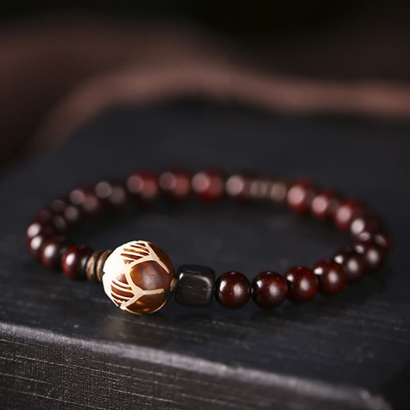 Small Leaf Red Sandalwood Lotus Bodhi Seed Carved Protection Double Wrap Bracelet