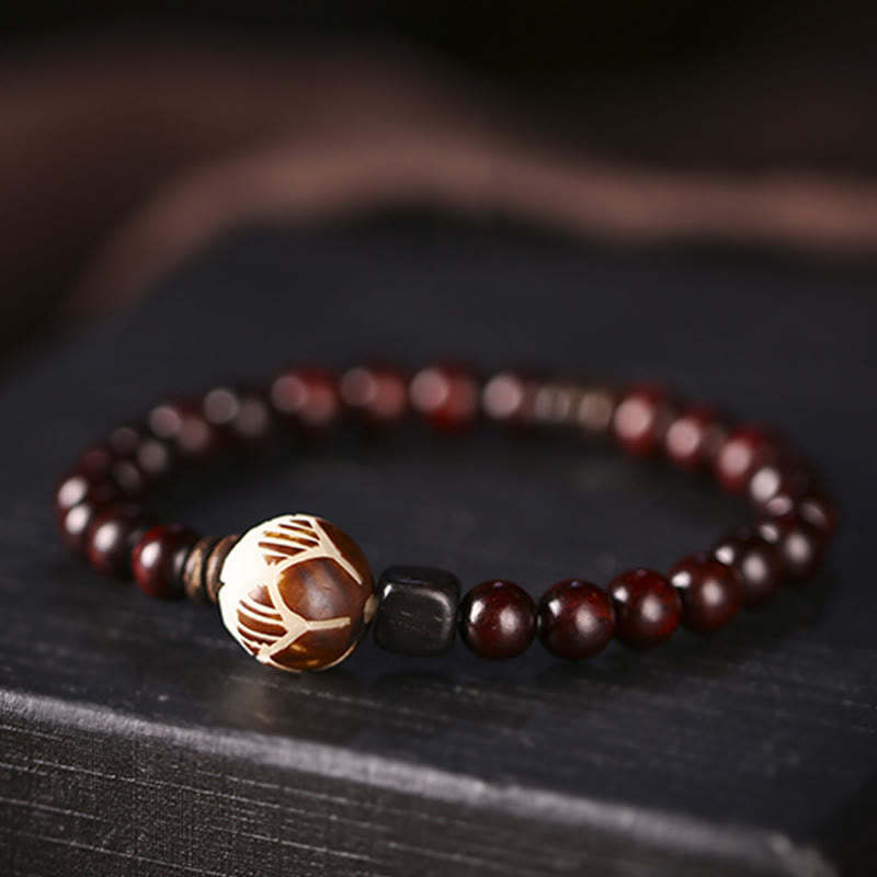 Small Leaf Red Sandalwood Lotus Bodhi Seed Carved Protection Double Wrap Bracelet