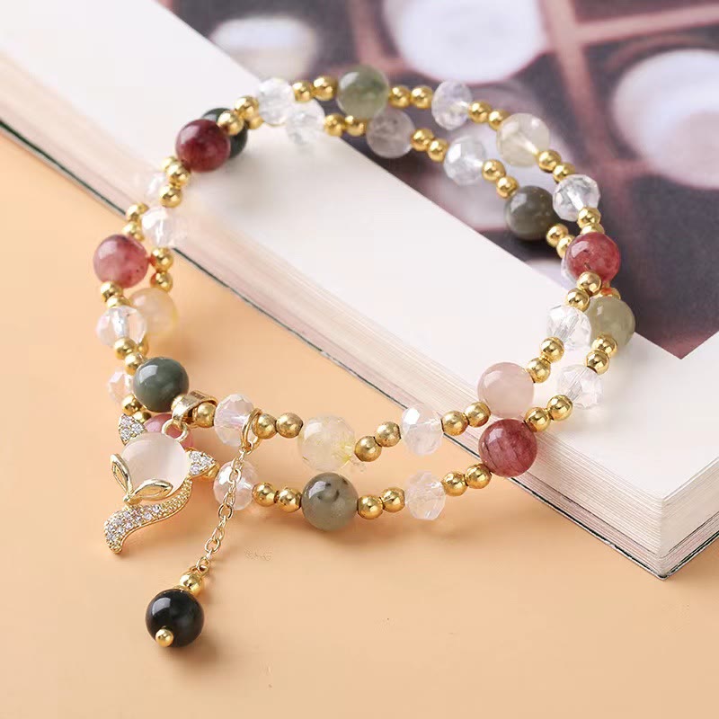 Multicolored Rutilated Quartz Fox Protection Double Wrap Bracelet