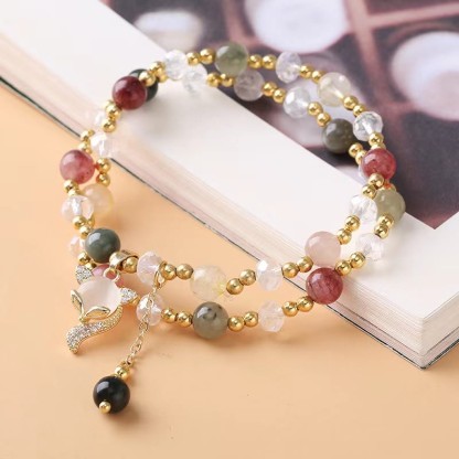 Multicolored Rutilated Quartz Fox Protection Double Wrap Bracelet