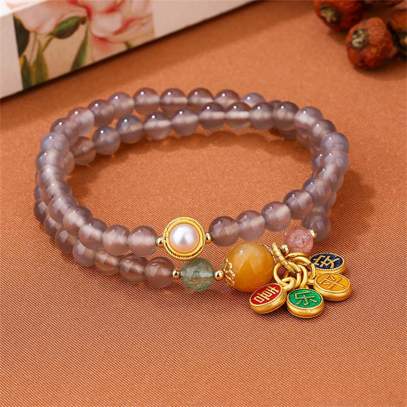Natural Gray Agate Peace And Joy Charm Balance Double Wrap Bracelet