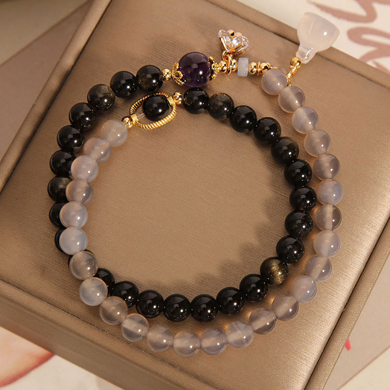 Gold Sheen Obsidian Gray Agate Lotus Charm Strengthen Double Wrap Bracelet