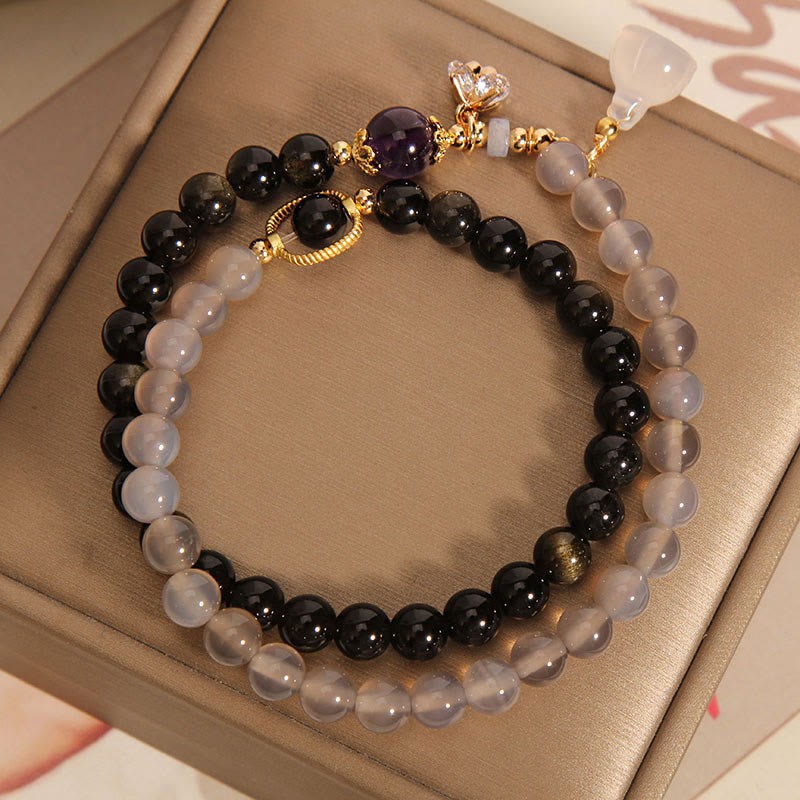 Gold Sheen Obsidian Gray Agate Lotus Charm Strengthen Double Wrap Bracelet