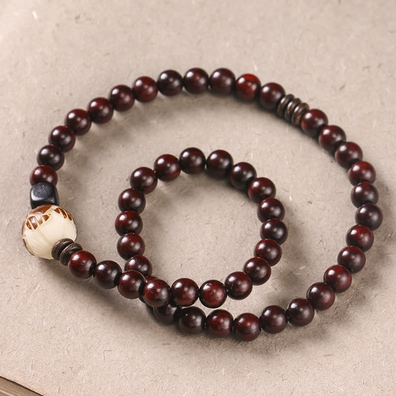 Small Leaf Red Sandalwood Lotus Bodhi Seed Carved Protection Double Wrap Bracelet
