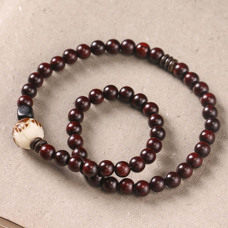 Small Leaf Red Sandalwood Lotus Bodhi Seed Carved Protection Double Wrap Bracelet