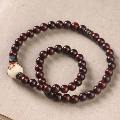 Small Leaf Red Sandalwood Lotus Bodhi Seed Carved Protection Double Wrap Bracelet